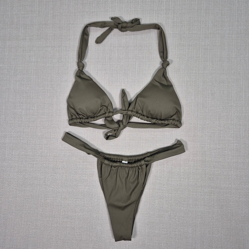 Olive Green Triangle Halter Bikini Set Two Piece Swimsuit with Thong Size M